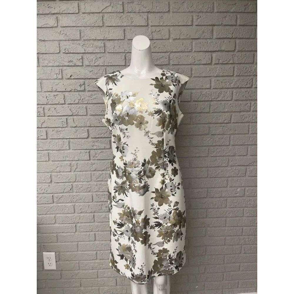 Tacera Women Sleeveless Gold & Silver Foil Floral Sheath Dress Size 10